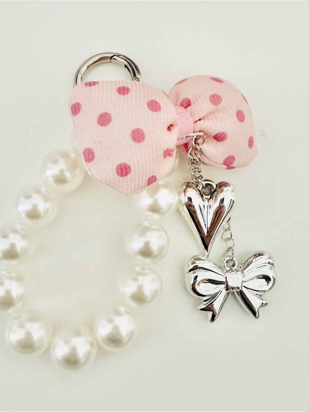 Pink Polka Dot Bow Pearl Keychain Charm